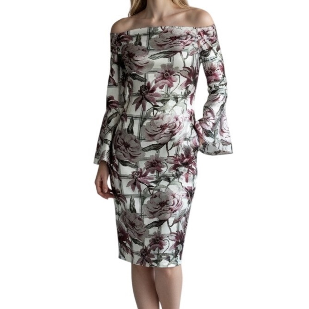 Olivia Matthews On or Floral Off Shoulder Bodycon Dress Bell Sleeve Size 2